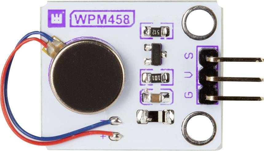 Ein Vibrationssensor-Modul mit der Bezeichnung 'WPM458', zeigt eine Vielzahl elektronischer Bauteile und Anschlussstifte.