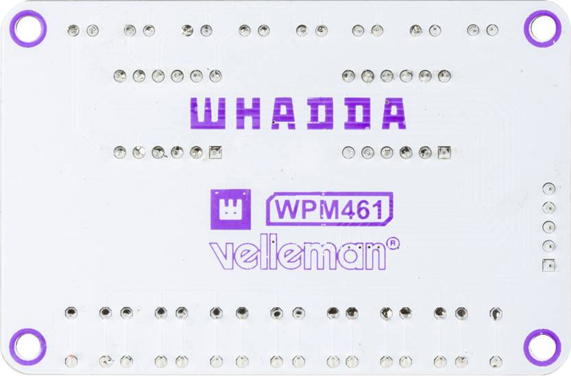 Kleine weiße Elektronikplatine mit lila Schriftzug 'WHADDA' und 'veleman', gekennzeichnet als Modell 'WPM461', umgeben von Lötpunkten.