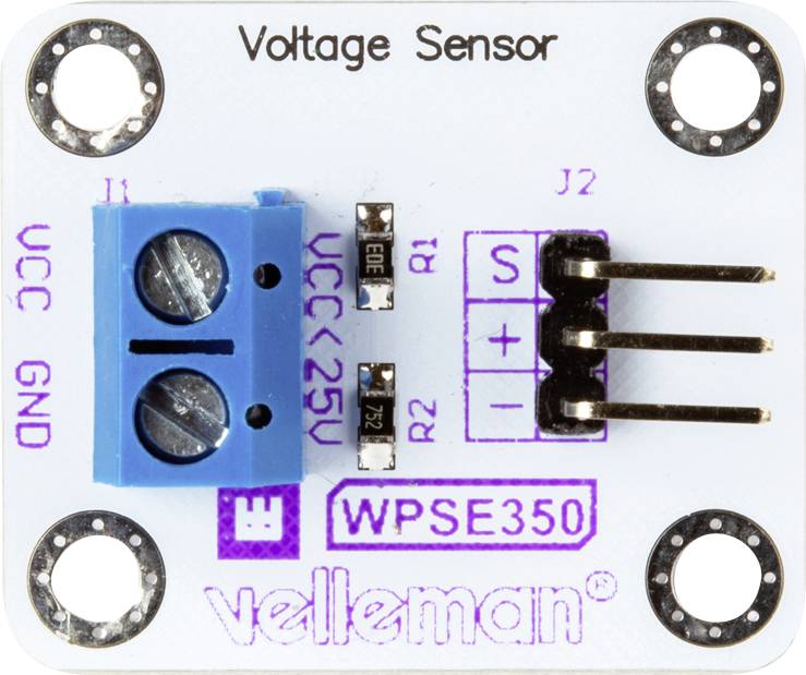 Spannungssensor-Modul, zeigt Anschlüsse VCC, GND und drei Stiftleisten (S, +, -). Text: 'Voltage Sensor', 'WPSE350', Marke 'velleman'.