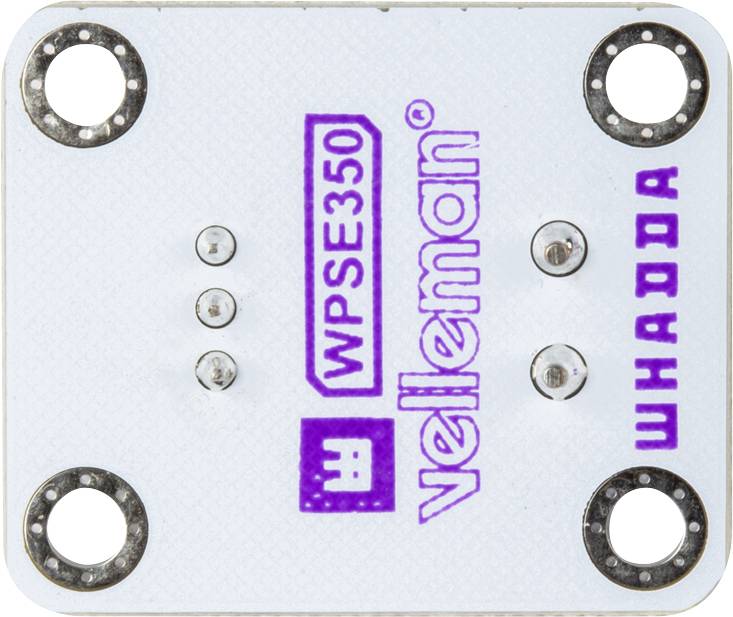 'Velleman WPSE350'-Sensorplatine mit vier Löchern an den Ecken und mehreren Kontaktpunkten in der Mitte.