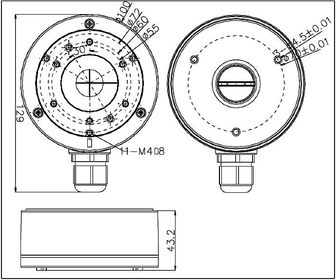 Technische Zeichnung eines zylindrischen Bauteils mit Bemaßungen. Zeigt Vorder-, Seiten- und Draufsicht, inklusive Gewichtspunkte.