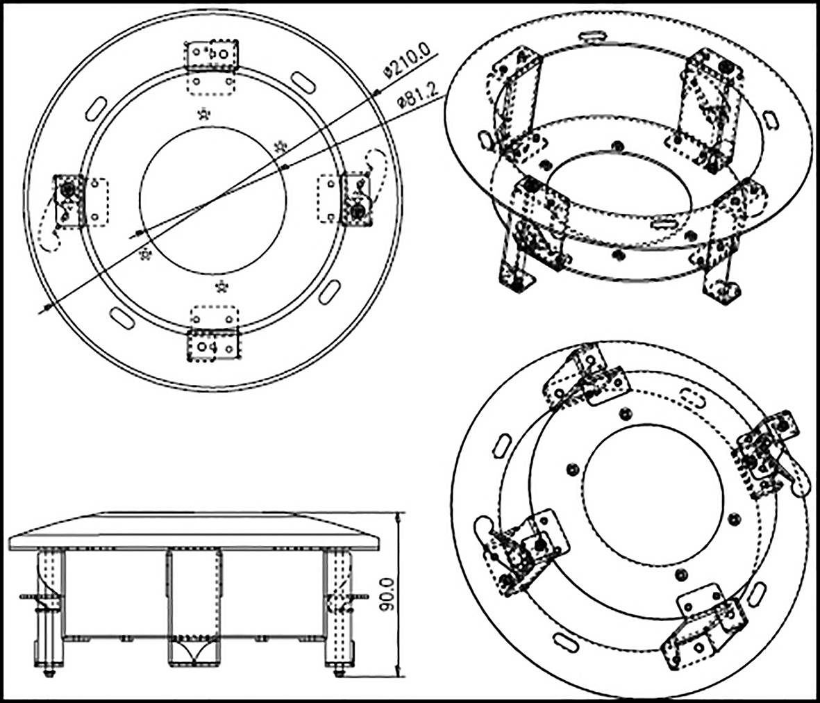 Technische Zeichnung eines runden Bauteils mit Maßen und Beschriftungen; Draufsicht, Seitenansicht und Querschnitt dargestellt.