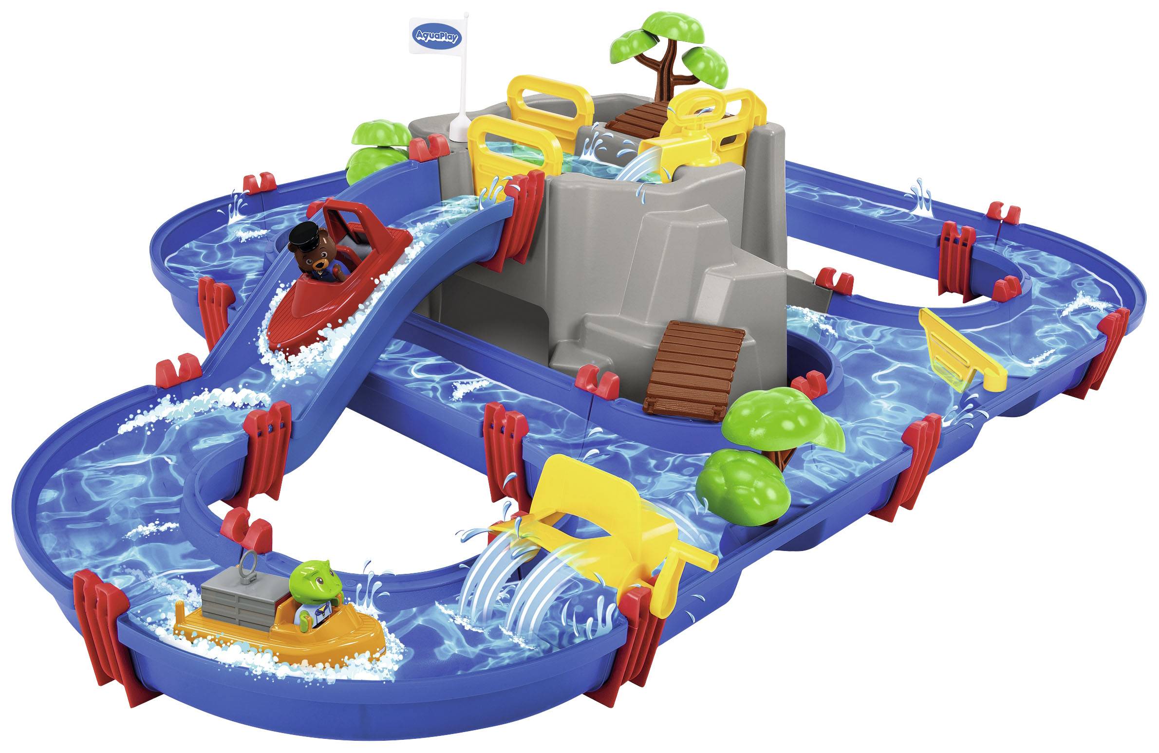 Spielzeug-Wasserbahn mit blauen Kanälen, Brücken, Booten und Figuren. Kinder können Boote bewegen und Wasserwege erkunden.