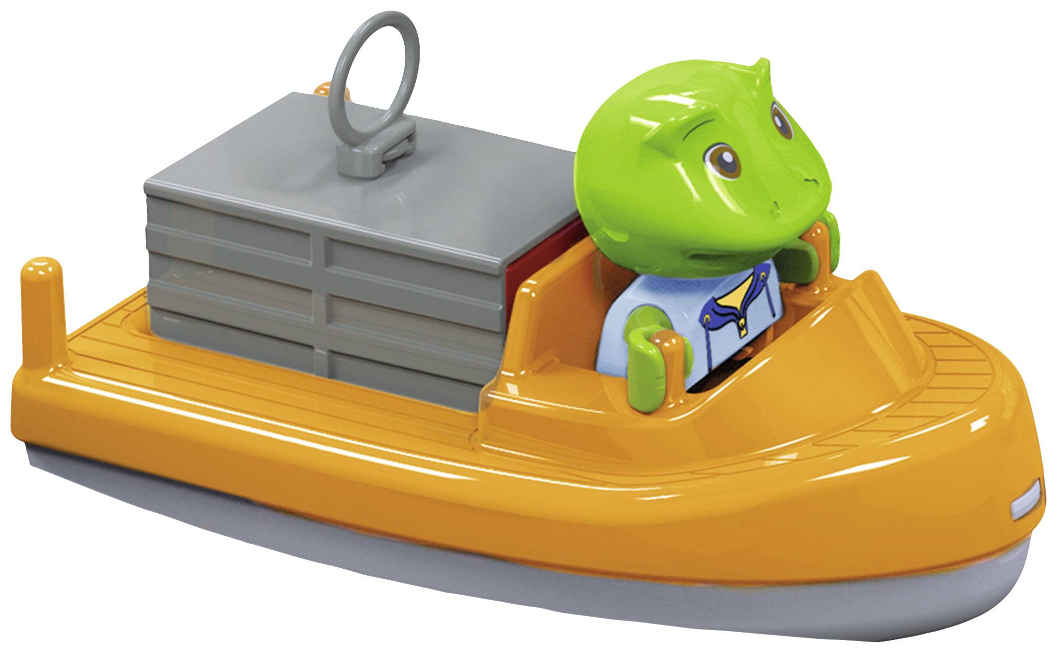 Ein Spielzeugboot mit orangefarbenem Rumpf und grauer Ladung. Ein grüner Charakter sitzt vorne und steuert das Boot.