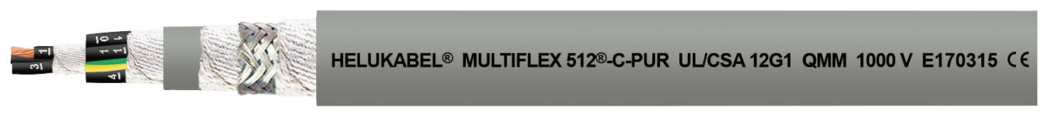 Querschnitt eines Vieladerkabels mit Beschriftung 'HEUKABEL MULTIFLEX 512-PUR UL/CSA 1G2.1 QMM 1000V E1717016 CE'.