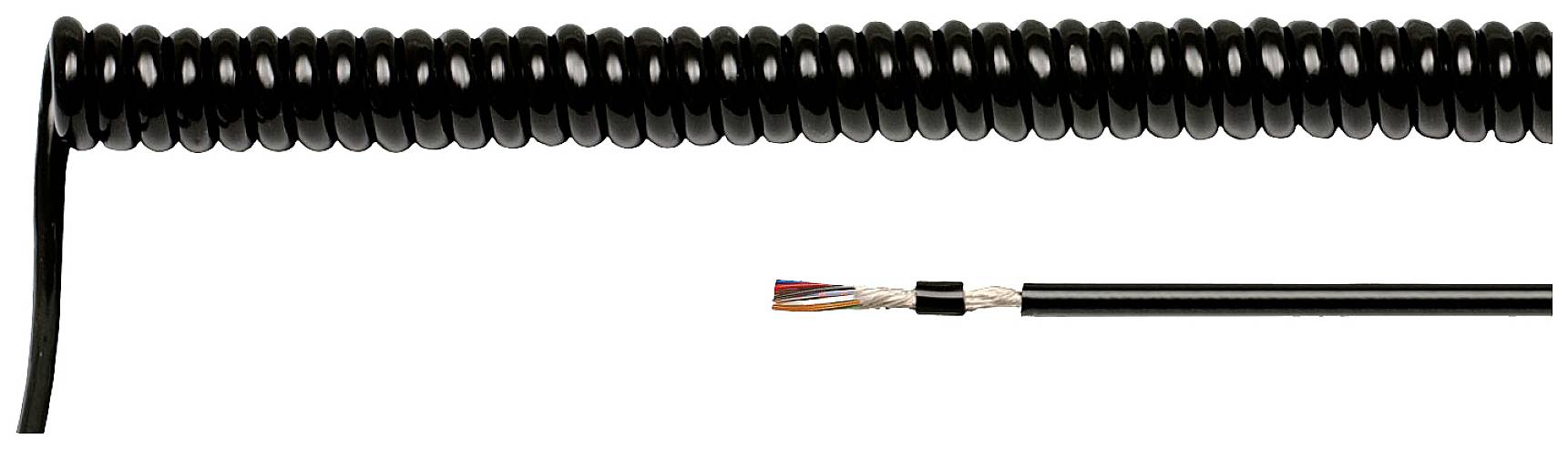 Schwarzes Spiralkabel, teilweise ausgerollt, zeigt Querschnitt mit bunten Adern. Kabel für elektrische Verbindungen oder Datenübertragung.