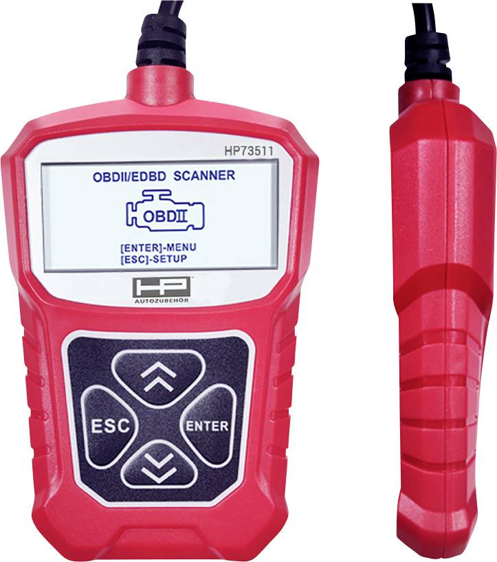 Roter OBDII/EBBD-Scanner mit Display und vier Steuerungsknöpfen. Das Display zeigt 'OBDII' mit Symbol eines Autos.
