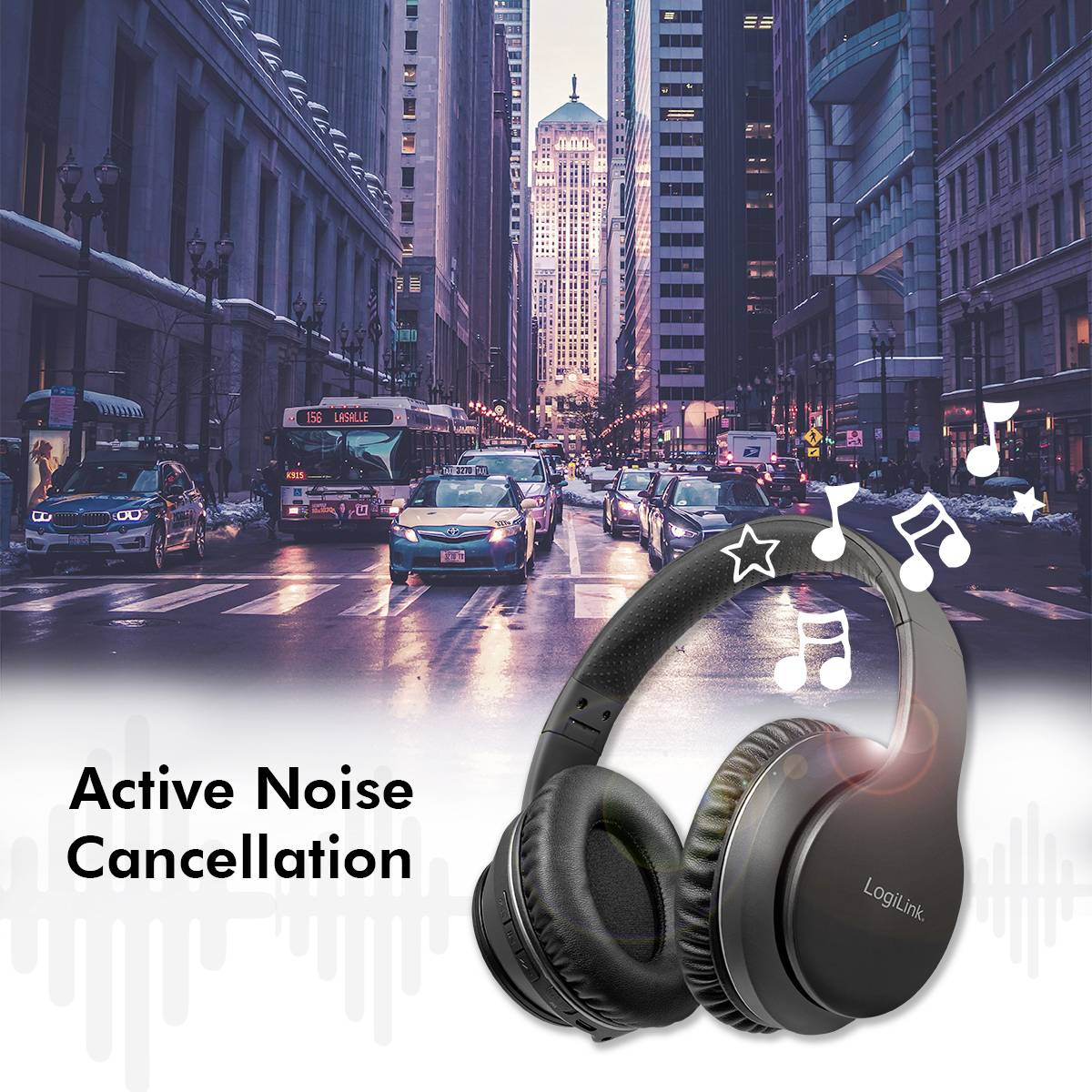Kopfhörer mit aktiver Geräuschunterdrückung, Hintergrund einer belebten Stadtstraße. Text: 'Active Noise Cancellation'.