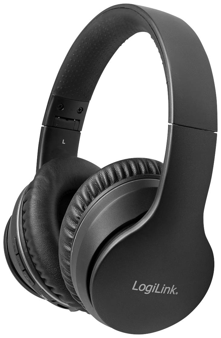 Schwarze Over-Ear-Kopfhörer mit gepolsterten Ohrmuscheln und verstellbarem Bügel, Marke 'LogiLink', geeignet für Musik oder Anrufe.