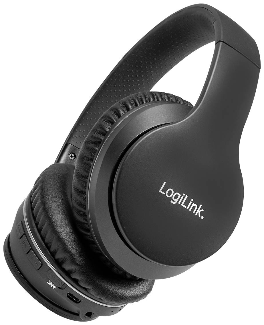 Schwarze kabellose Kopfhörer von LogiLink mit gepolsterten Ohrmuscheln und einem verstellbaren Bügel.