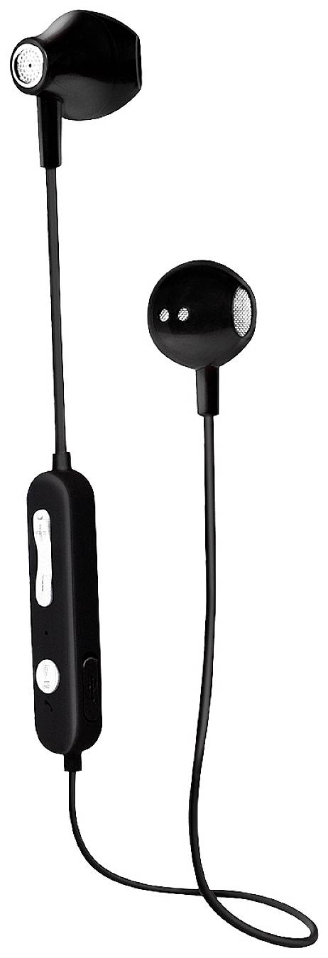 Schwarze kabelgebundene In-Ear-Kopfhörer mit integriertem Bedienelement und Mikrofon.
