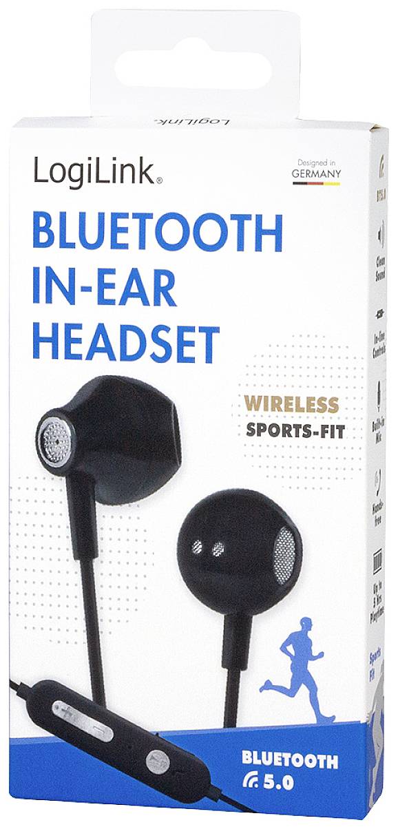 Verpackung eines Bluetooth In-Ear Headsets der Marke LogiLink. Der Text beschreibt 'WIRELESS SPORTS-FIT'. Abbildung der Ohrhörer.