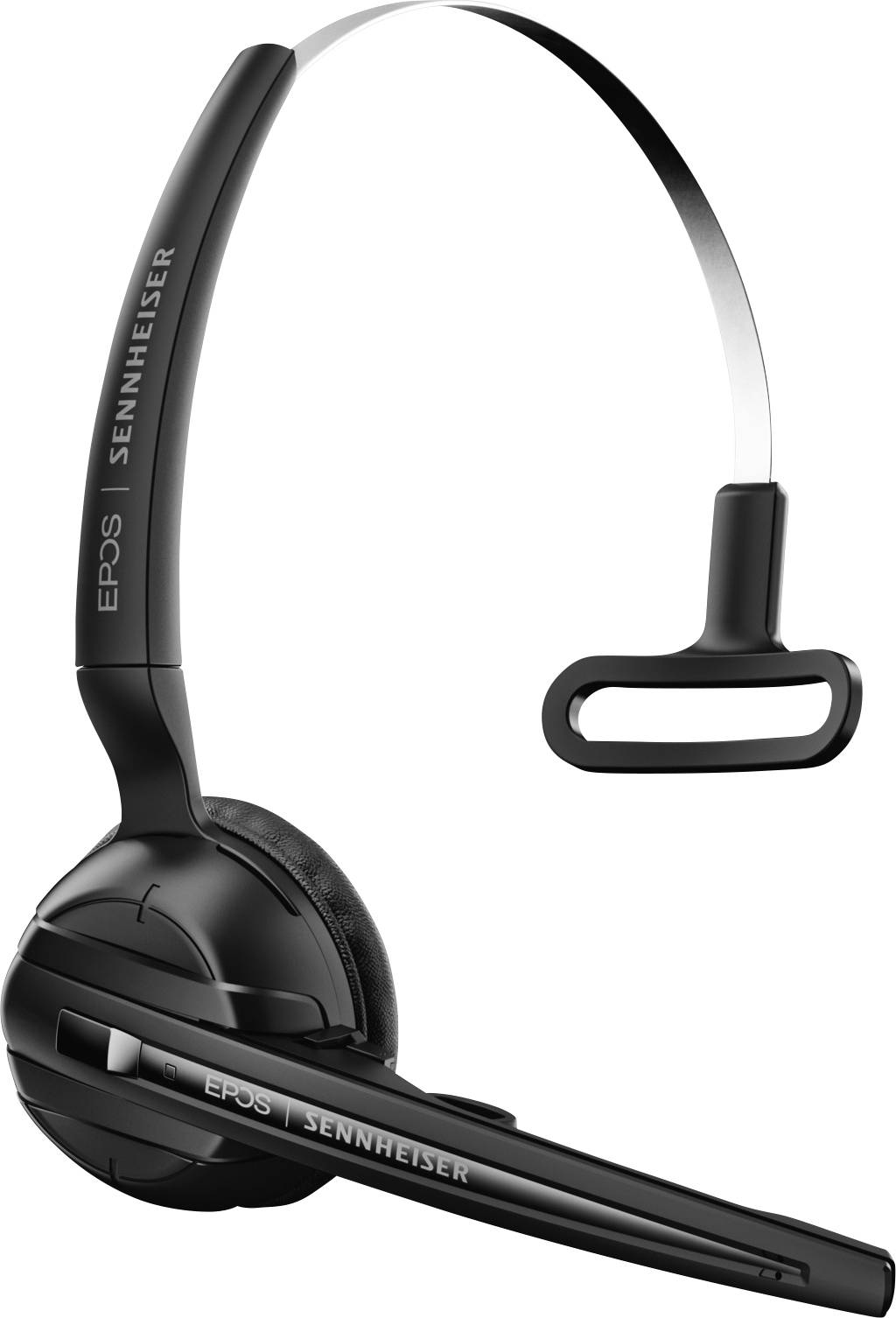 Schwarzes Sennheiser Headset mit flexiblem Mikrofonarm und Ohrbügel-Design, geeignet für einseitiges Tragen beim Telefonieren.