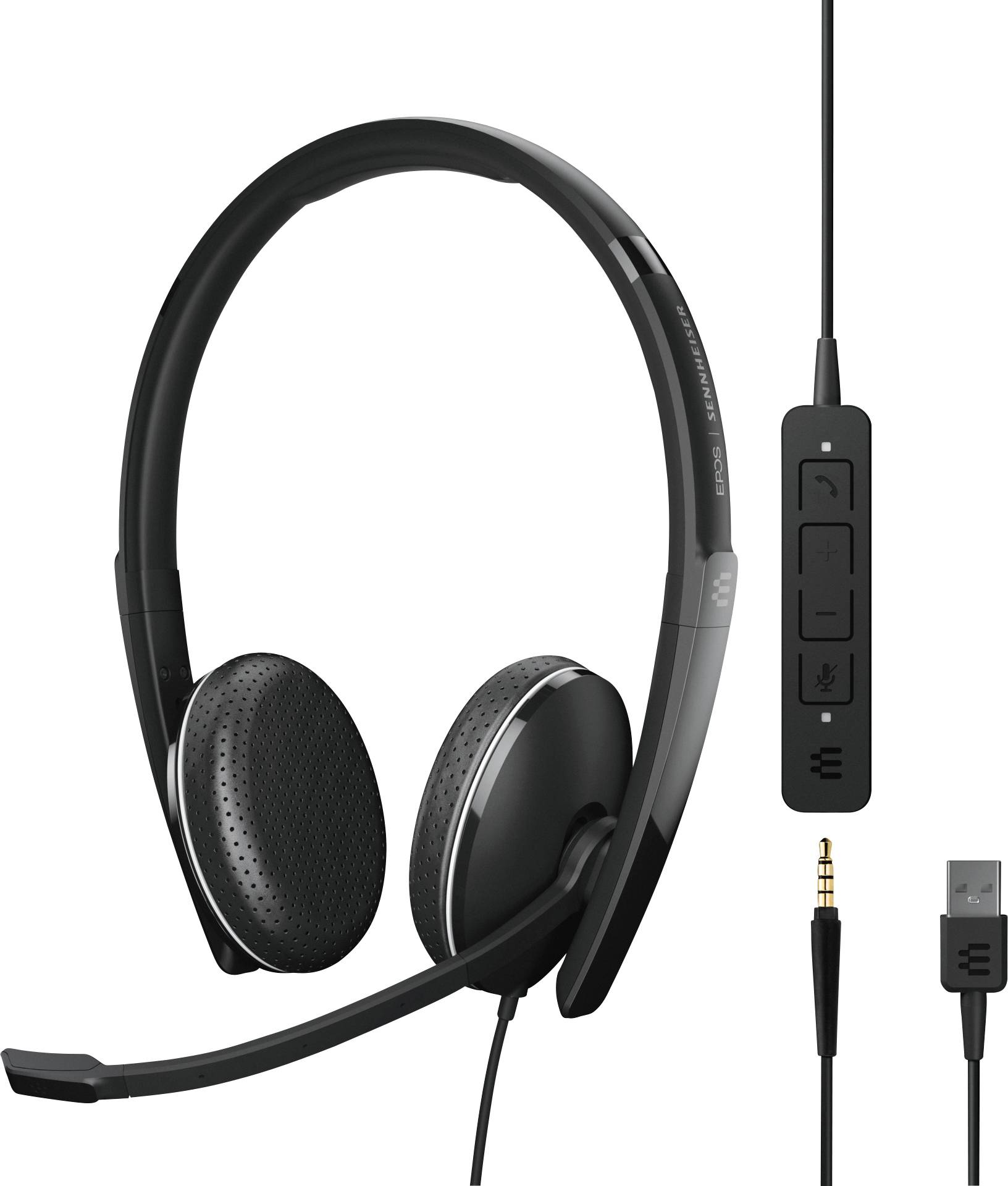Schwarzes On-Ear-Headset mit Mikrofonarm, Kabelsteuerung und USB-Anschluss. Geeignet für Computer- und Telefonkommunikation.