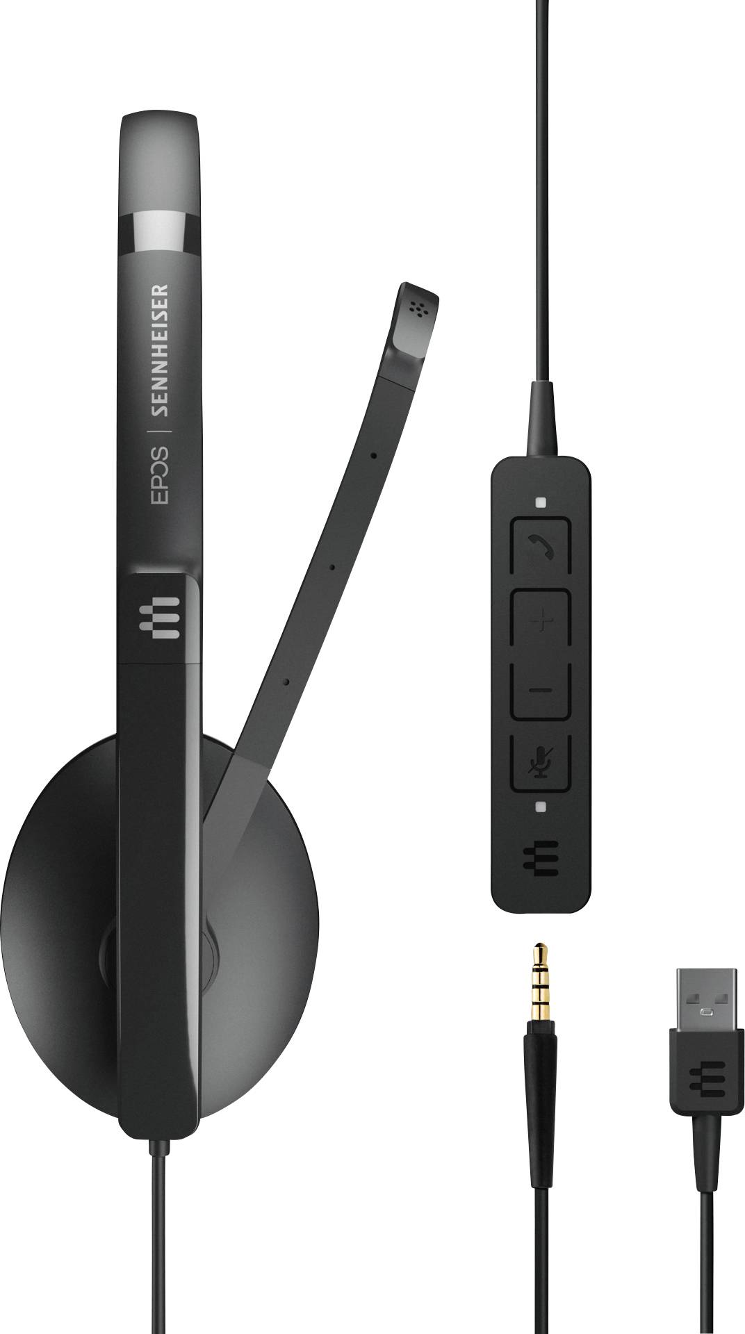 Ein schwarzes, kabelgebundenes Headset mit Mikrofon, Lautstärkeregler und USB-Anschluss.
