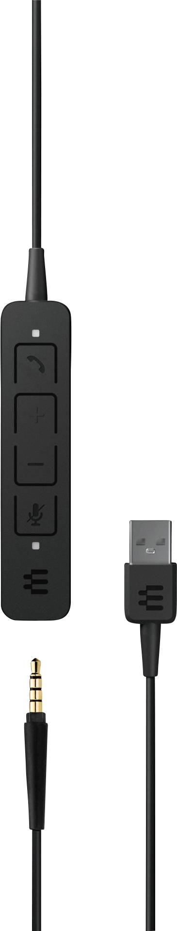 Ein schwarzes Kabel mit USB-Anschluss und 3,5-mm-Klinkenstecker. An der Kabelmitte befindet sich eine Steuerung mit drei Knöpfen.