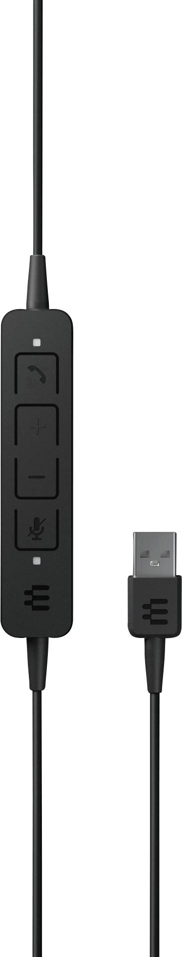 Schwarzes Headset-Kabel mit USB-Stecker und In-Line-Steuerung. Knöpfe für Anrufannahme, Lautstärke und Mikrofonstummschaltung.