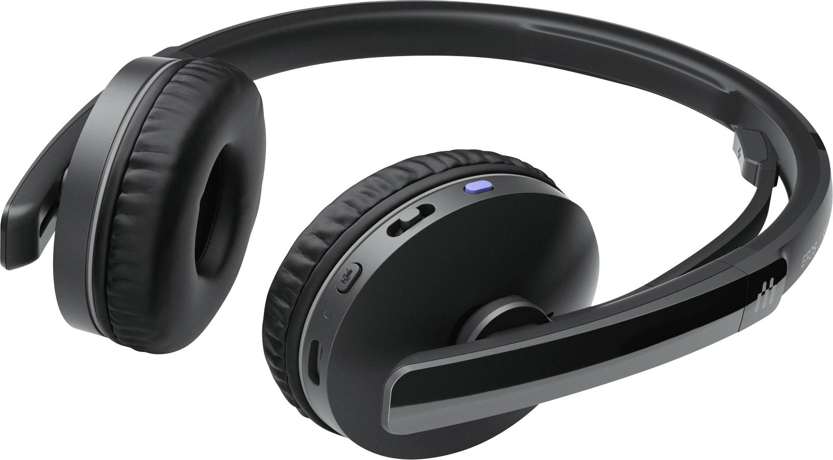 Schwarze kabellose Over-Ear-Kopfhörer mit eingebauten Bedienelementen und einem blauen LED-Licht, die auf einer Oberfläche liegen.