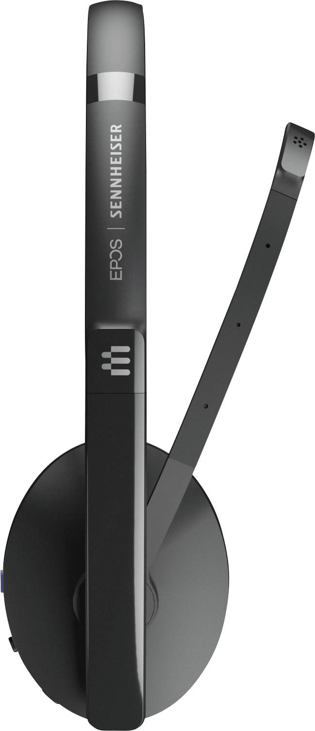 Schwarzes drahtloses Headset mit Mikrofonarm. Markennamen 'EPOS Sennheiser' auf der Seite. Ideal für Büroanrufe und Videokonferenzen.