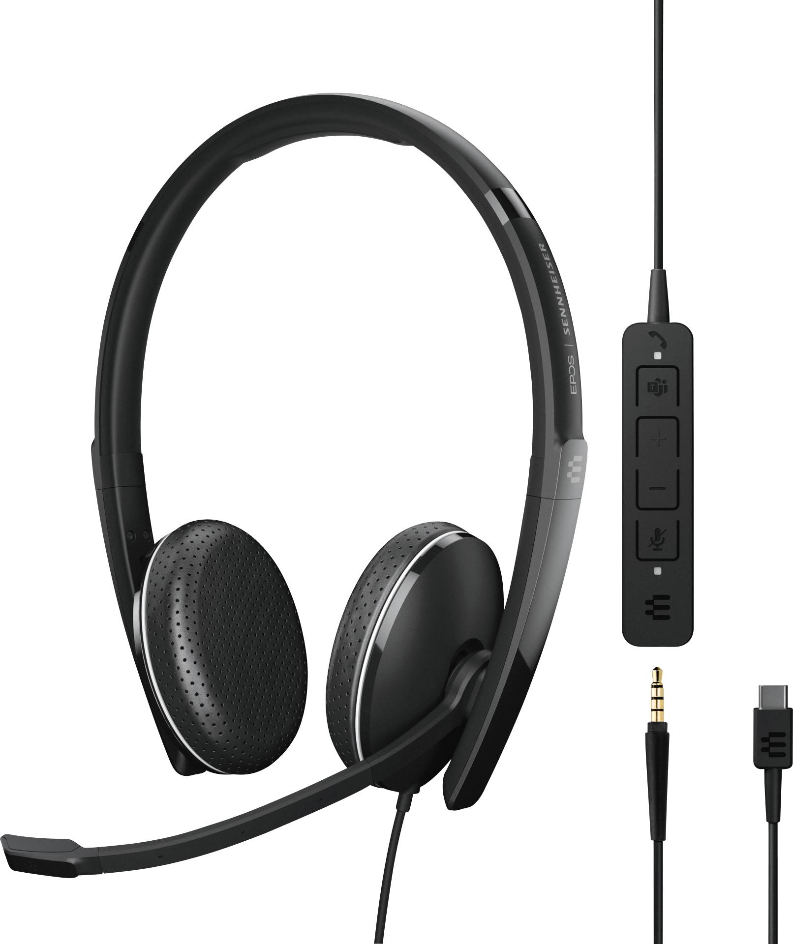 Schwarzes kabelgebundenes Headset mit Mikrofonarm und Steuerungselementen am Kabel. Geeignet für PC und mobile Nutzung.