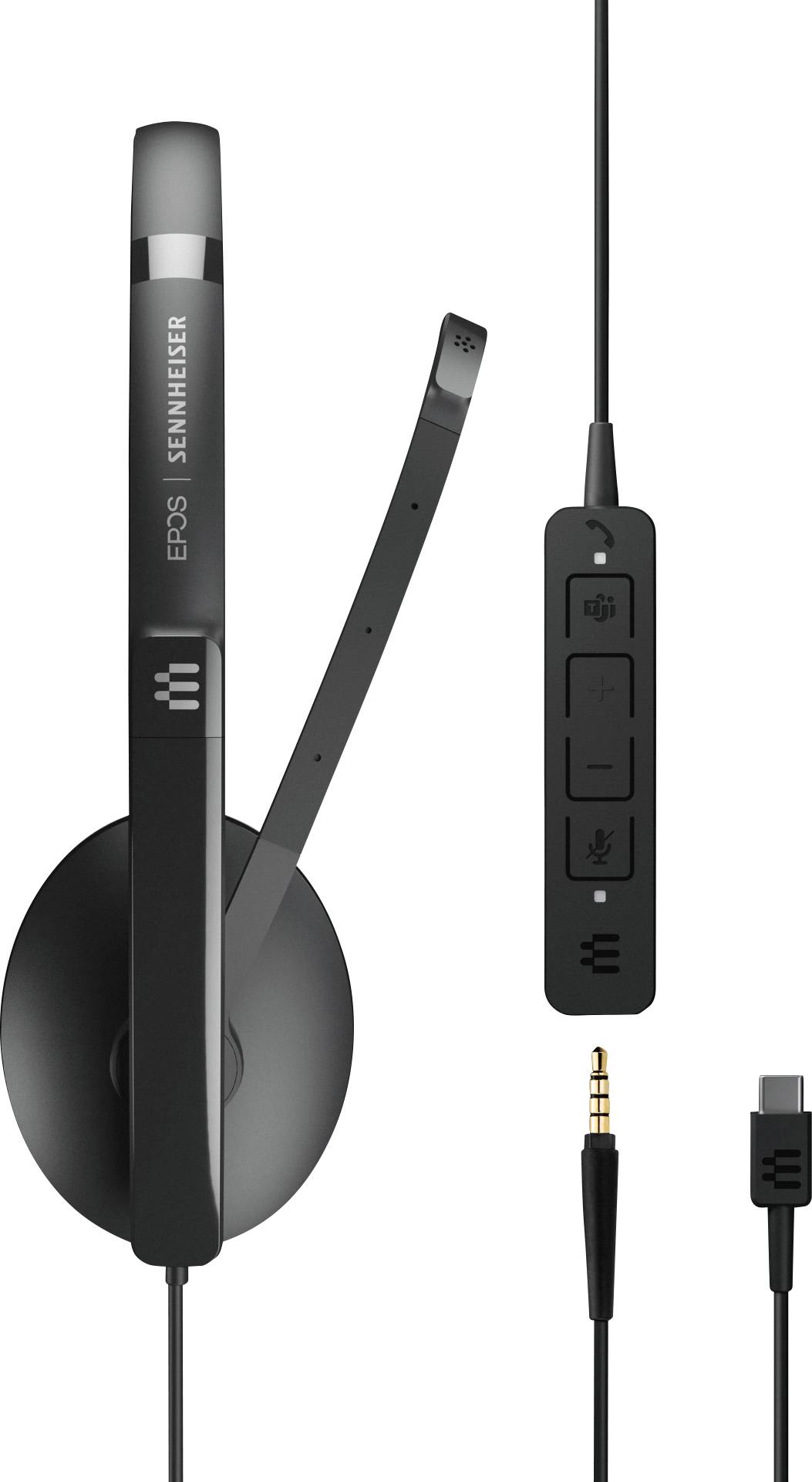 Schwarze kabelgebundene On-Ear-Kopfhörer mit Mikrofon, Lautstärkeregler und Stecker. Entworfen für klare Kommunikation.