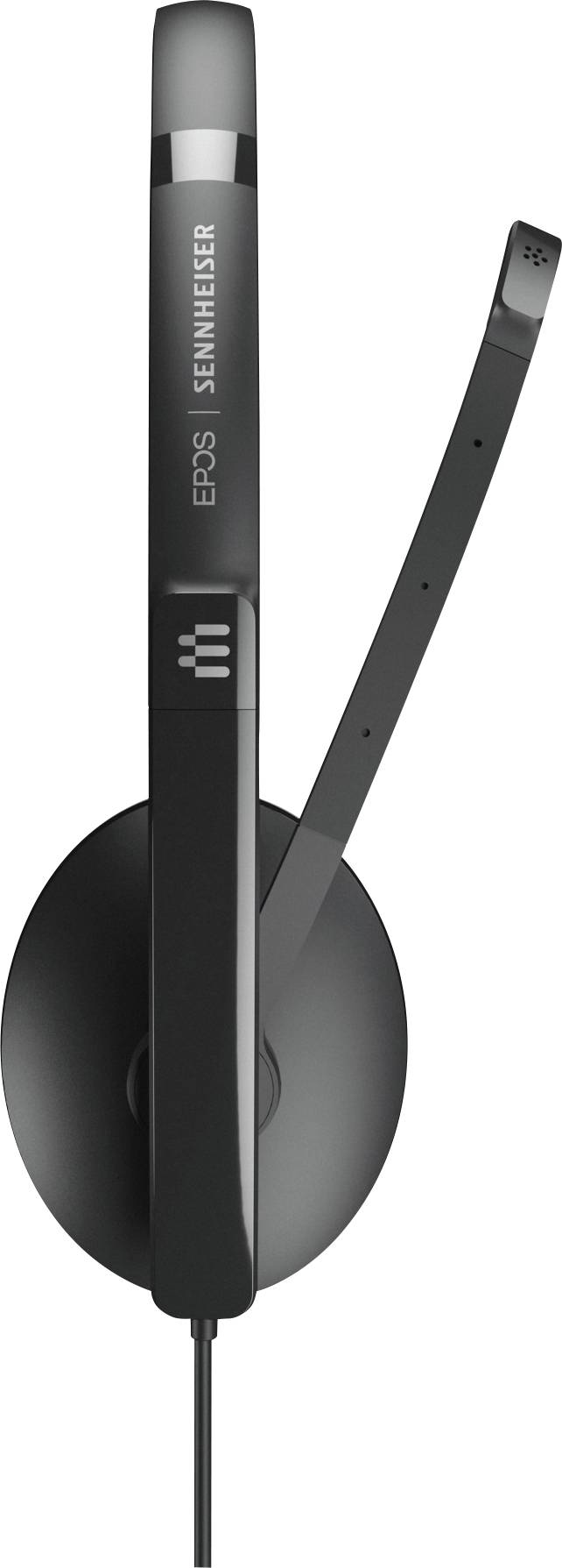 Schwarzes kabelgebundenes Headset mit Mikrofonarm, Marke EPOS Sennheiser.