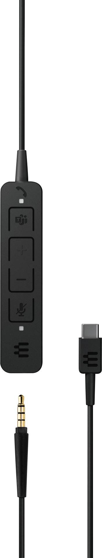 Schwarze Kabel-Fernbedienung mit Lautstärke- und Mikrofonsteuerung, USB-C- und 3,5-mm-Klinkenstecker an den Enden.