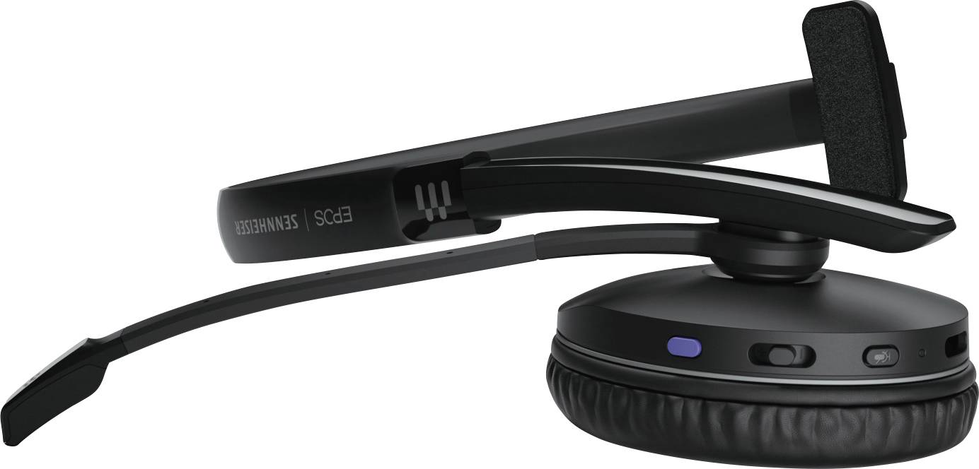 Schwarzes kabelloses Headset mit Mikrofonarm, Seitenansicht. Bequemes Ohrpolster und einstellbarer Bügel für klare Kommunikation.