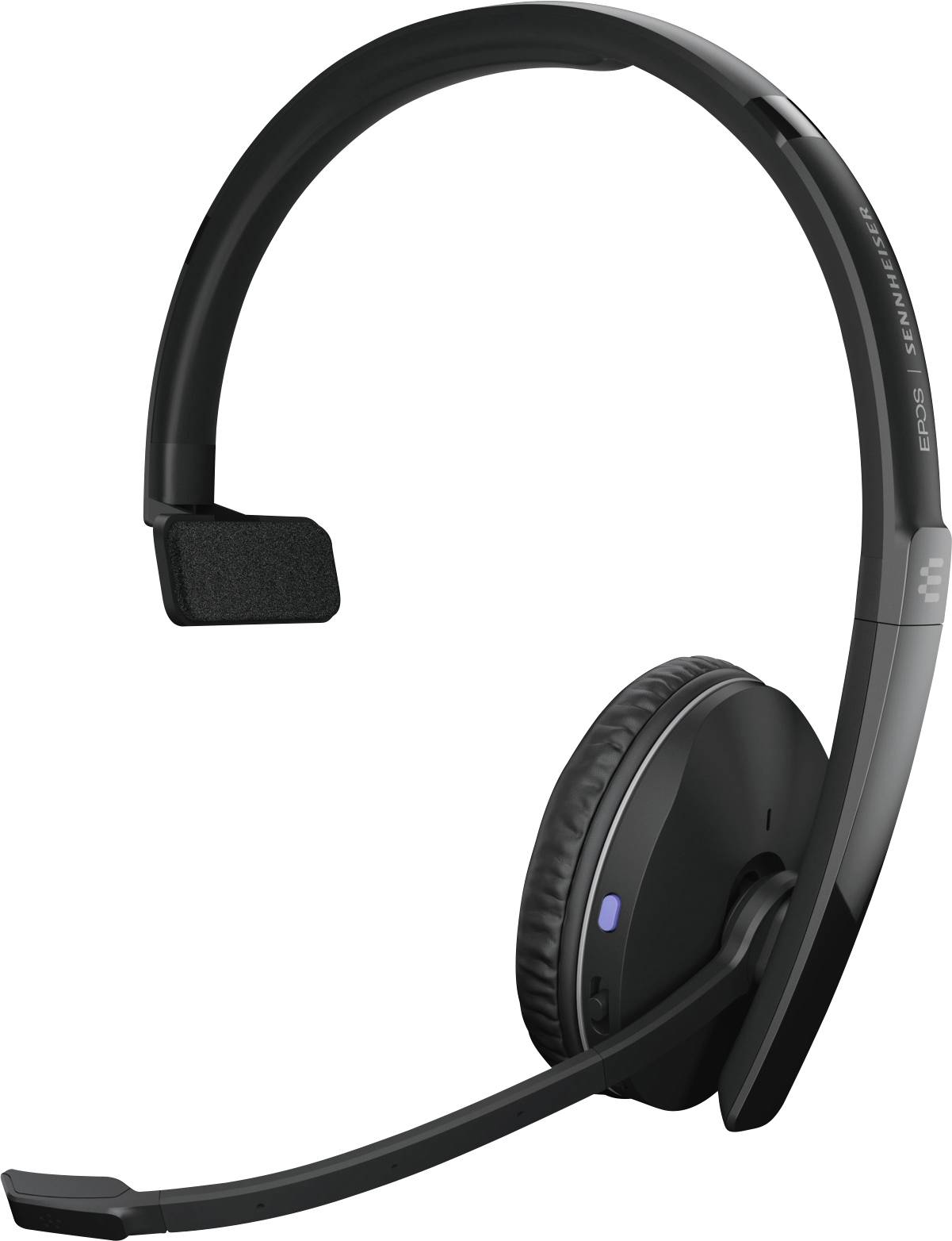Schwarzes, kabelloses Headset mit einem gepolsterten Ohrhörer und Mikrofonarm, geeignet für Telefonate oder Audioanwendungen.
