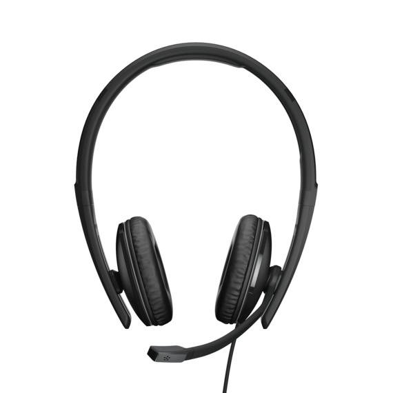 Ein schwarzes Headset mit gepolsterten Ohrmuscheln und verstellbarem Kopfbügel, geeignet für Computer- oder Telefonanwendungen.