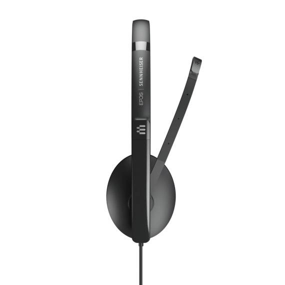 Schwarzes Sennheiser-Headset mit Mikrofonarm, von der Seite gezeigt.