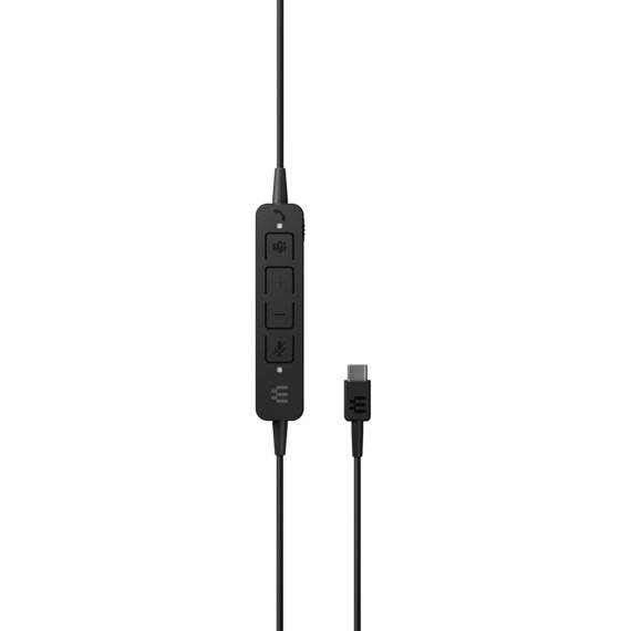 Ein schwarzes Kabel mit einer Bedieneinheit, die Lautstärke- und Mikrofonsteuerungen enthält, und einem USB-C-Anschlussende.