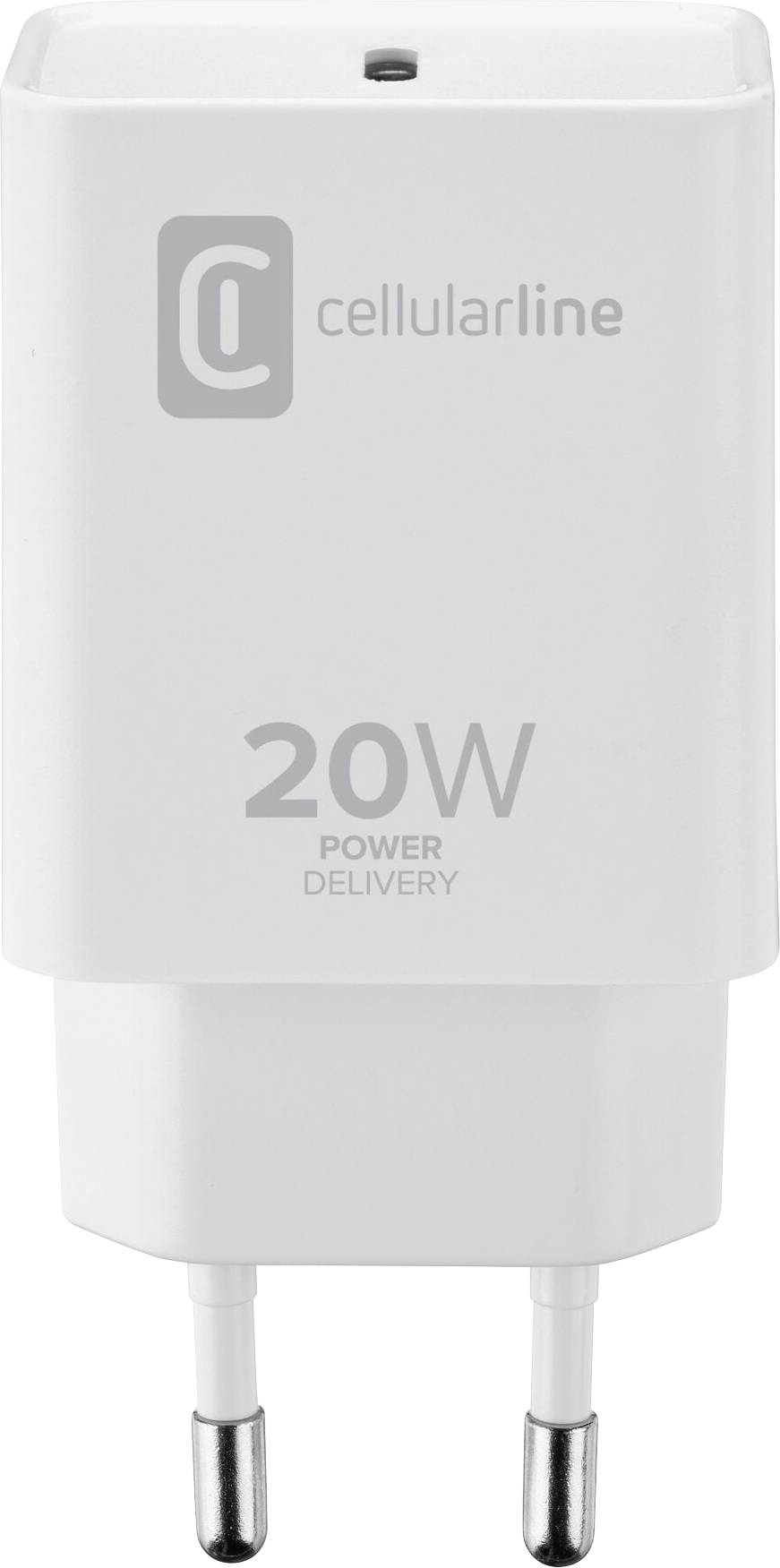 Ein weißes Ladegerät mit zwei Steckerstiften und der Aufschrift 'cellularline 20W Power Delivery'.