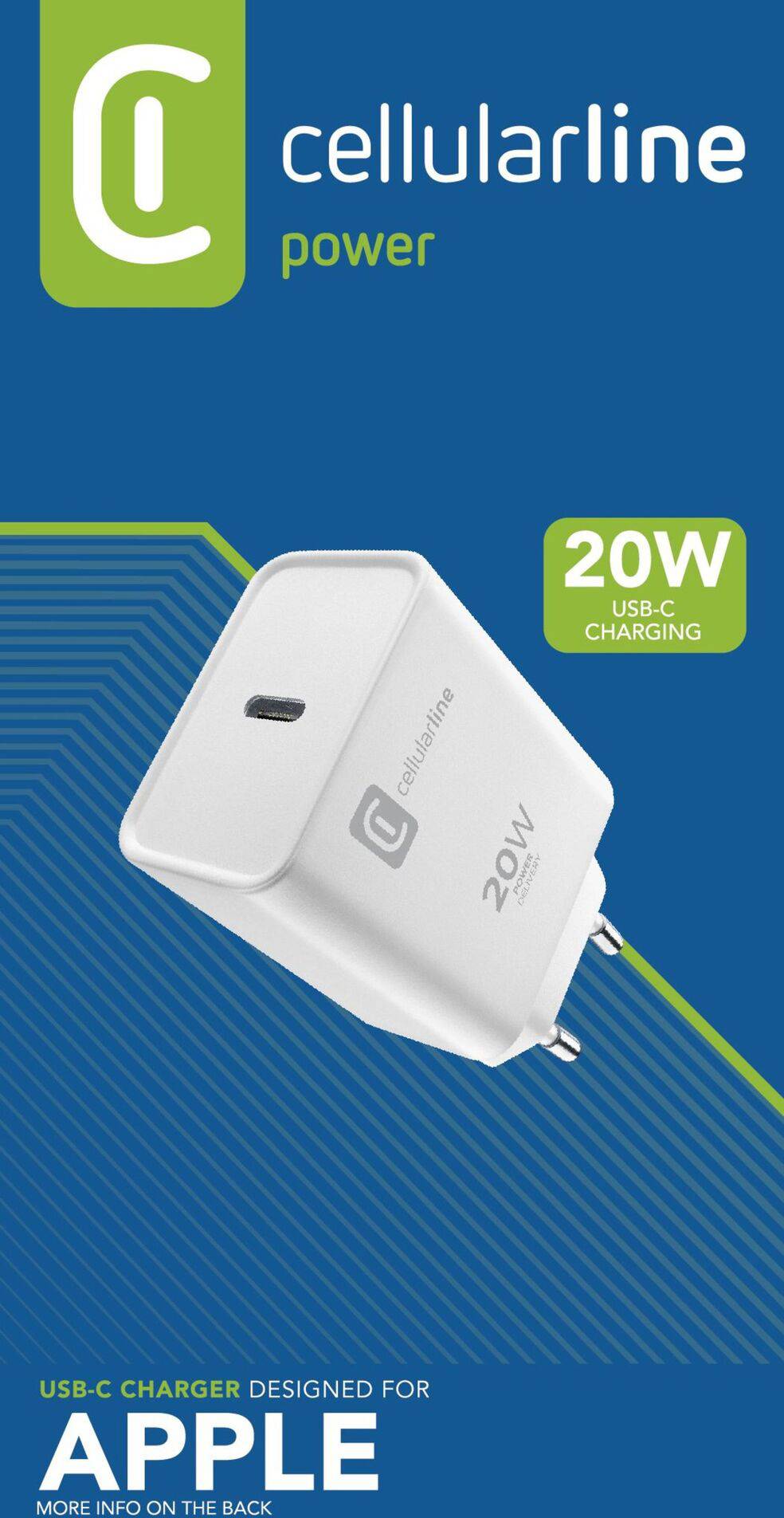 USB-C-Ladegerät von Cellularline mit 20W Leistung, speziell für Apple-Geräte entwickelt. Verpackung in Blau und Grün gestaltet.
