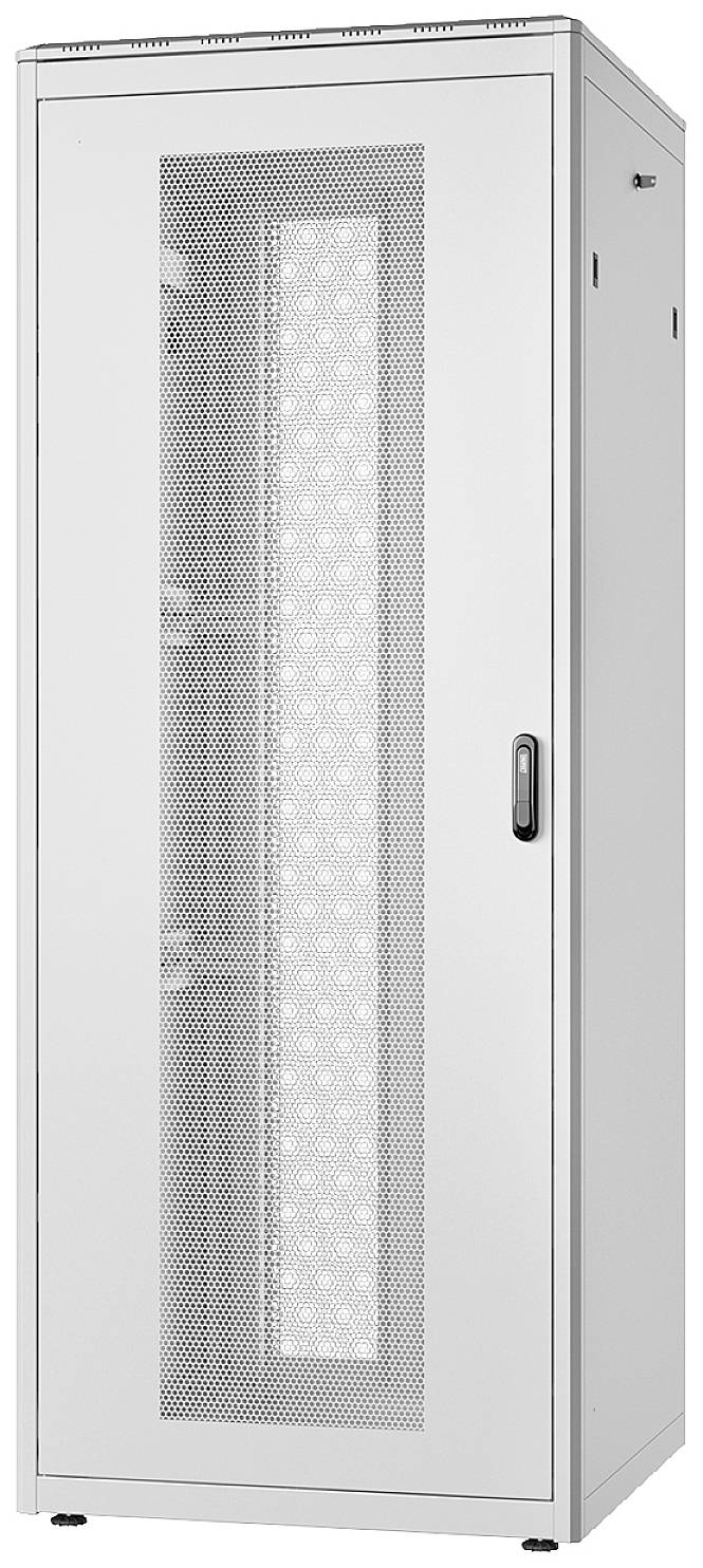Ein weißer Server-Schrank mit Glastür und Griff, freistehend; mehrere perforierte Einlegeböden sichtbar im Inneren.