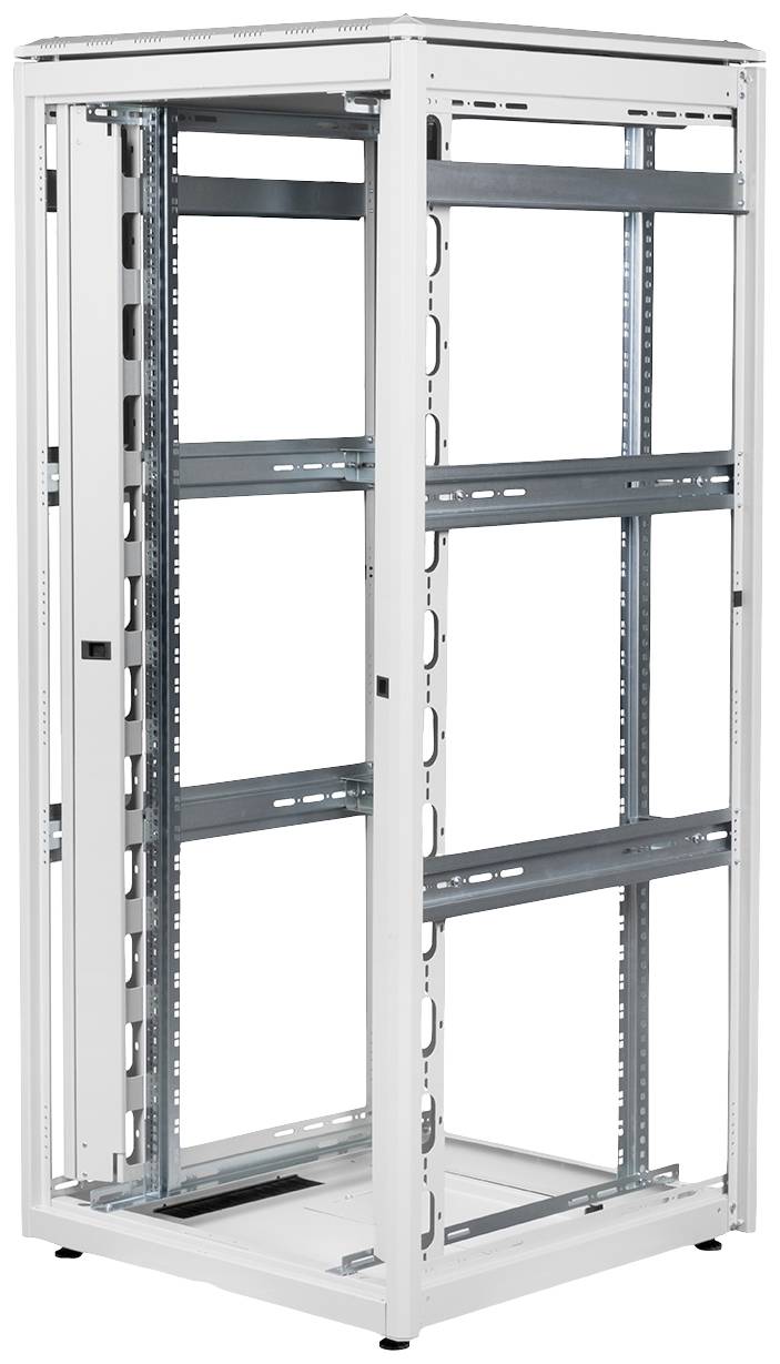 Ein weißes, offenes Server-Rack mit mehreren horizontalen Schienen, bereit für die Installation von Server-Hardware in einem Rechenzentrum.