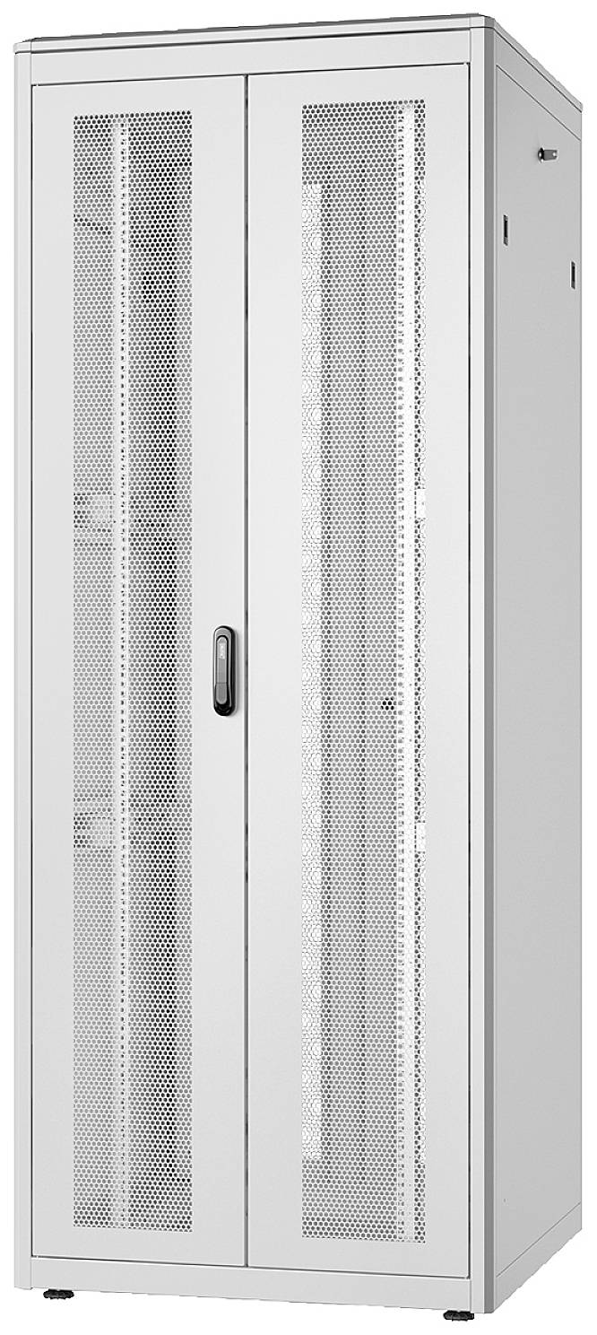 Ein weißer, hoher Schrank mit perforierten Doppeltüren, geeignet für die Lagerung von Computer- oder Netzwerkgeräten.