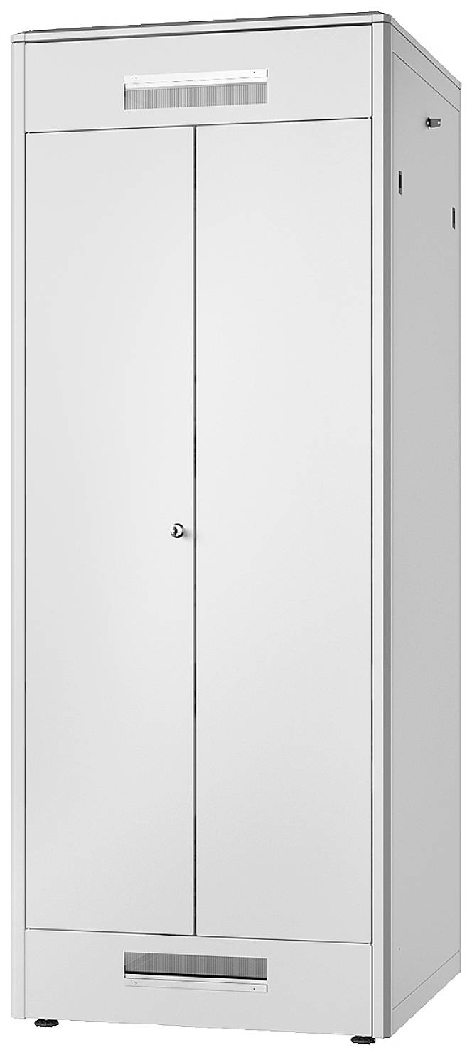 Metallschrank mit Doppeltür und Belüftungsschlitzen, geeignet für Büros oder Lager zur sicheren Aufbewahrung von Dokumenten und Materialien.