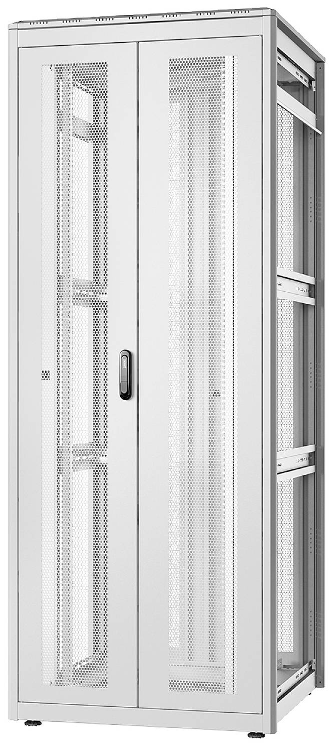 Ein weißer Netzwerkschrank mit durchsichtigen Türen und Griffen, geeignet zur Unterbringung von Servern und Netzwerkausrüstung.