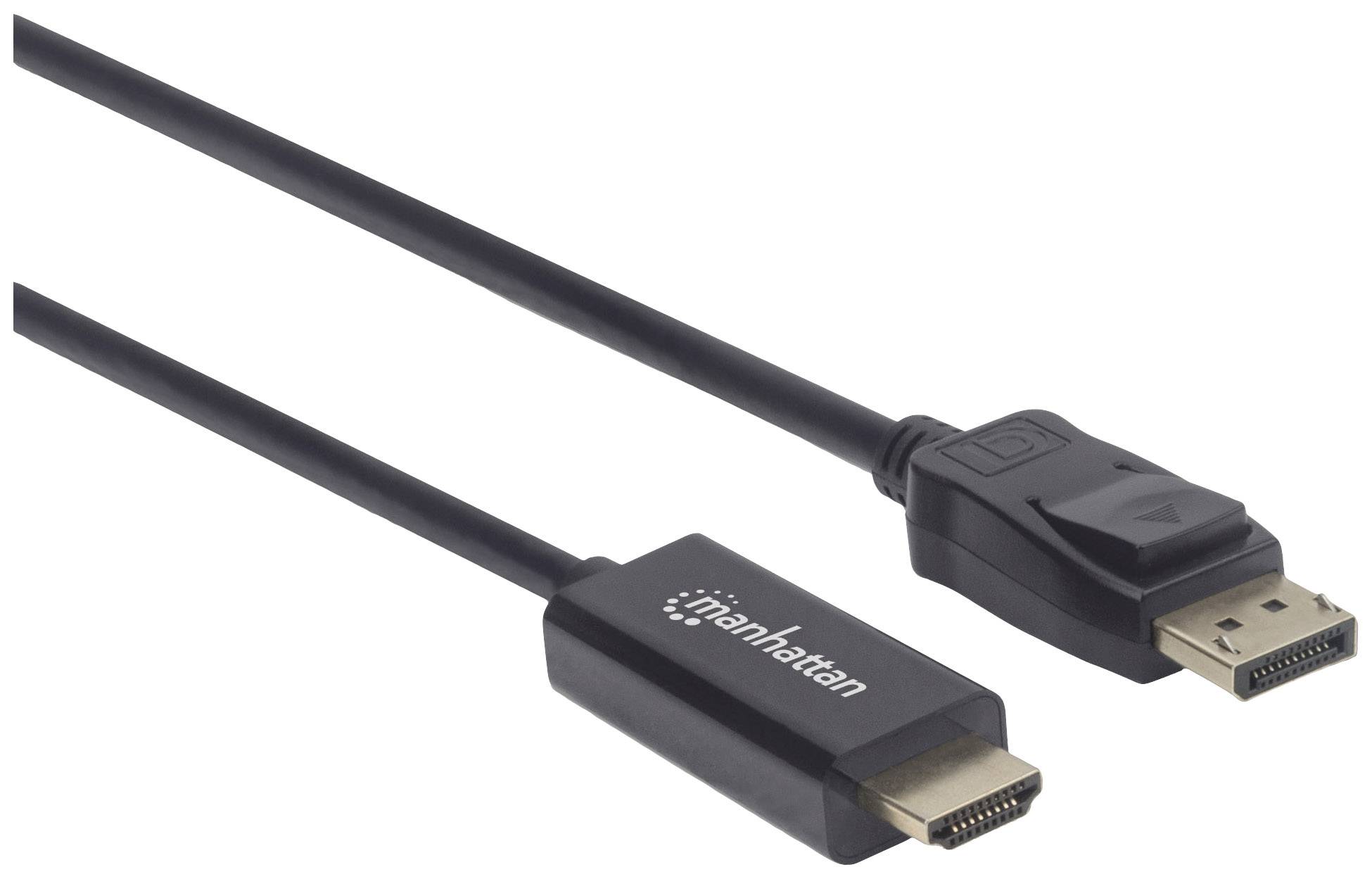 Ein schwarzes Manhattan DisplayPort-zu-HDMI-Kabel mit beidseitigen Steckverbindungen.