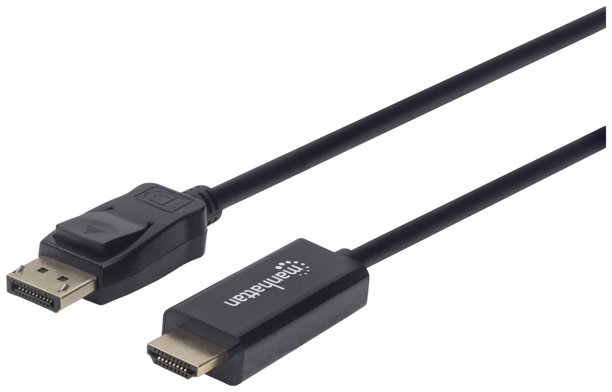 Ein schwarzes Kabel mit einem DisplayPort-Stecker auf der linken Seite und einem HDMI-Stecker auf der rechten Seite.