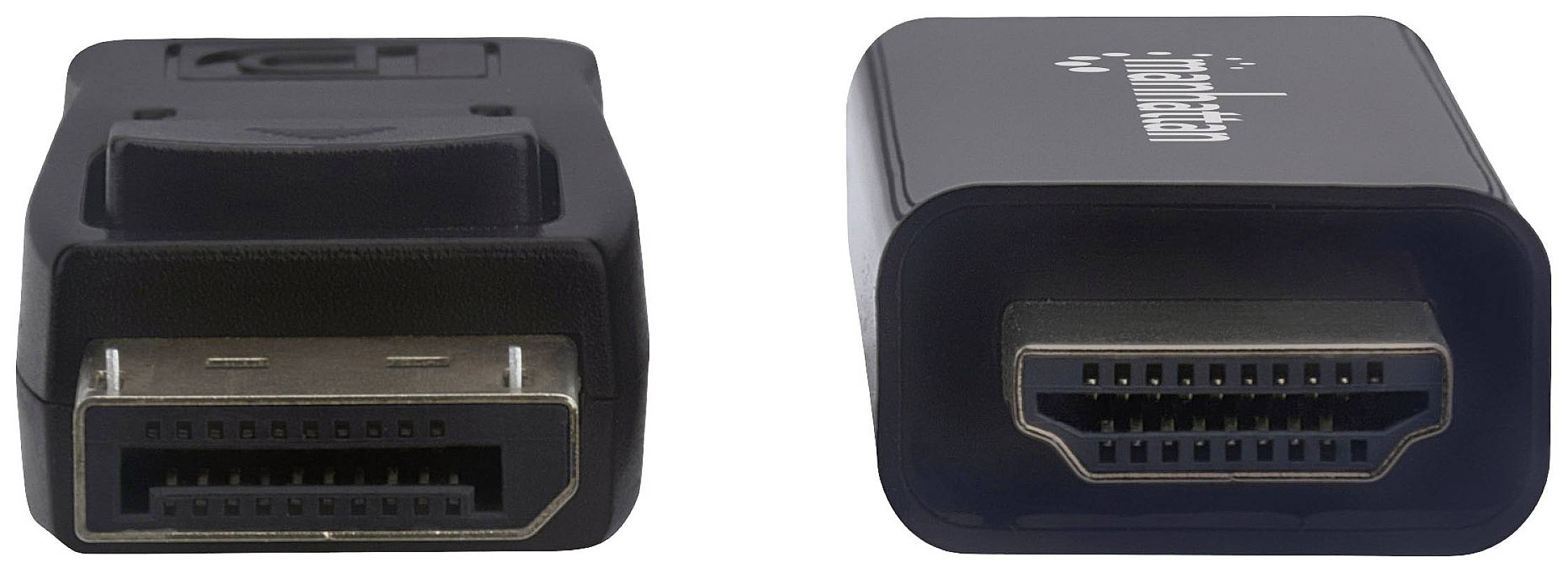 Zwei Adapterstecker nebeneinander: Links ein DisplayPort-Stecker, rechts ein HDMI-Buchsenstecker.