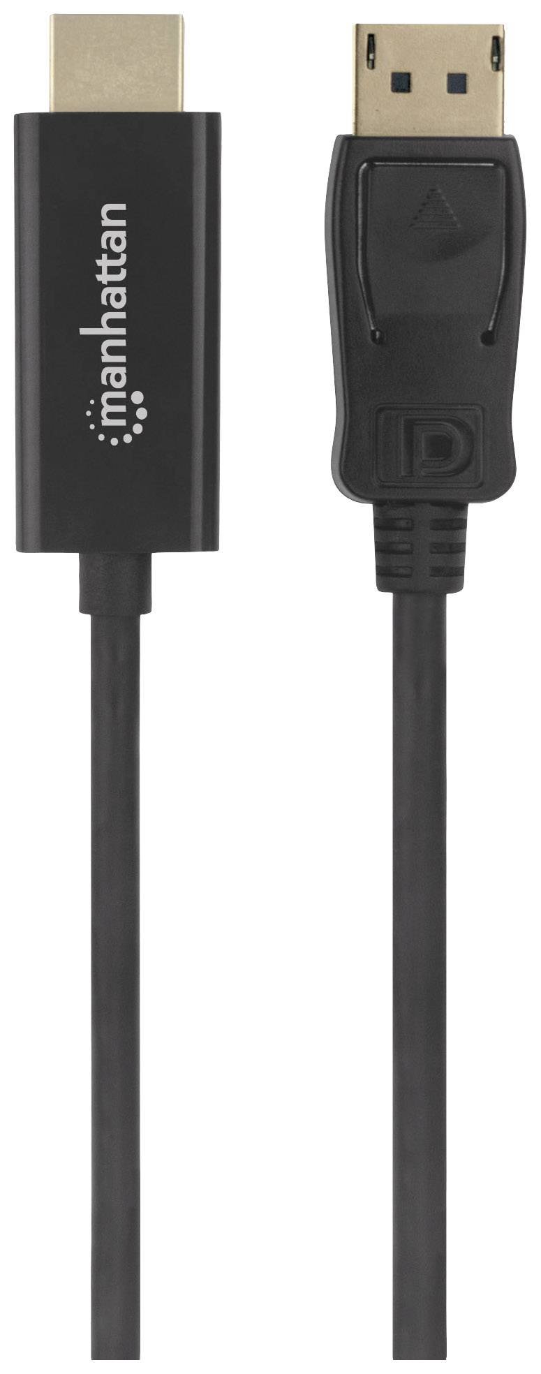 'Manhattan HDMI-zu-DisplayPort Kabel'; schwarzes Kabel mit HDMI-Stecker links und DisplayPort-Stecker rechts.
