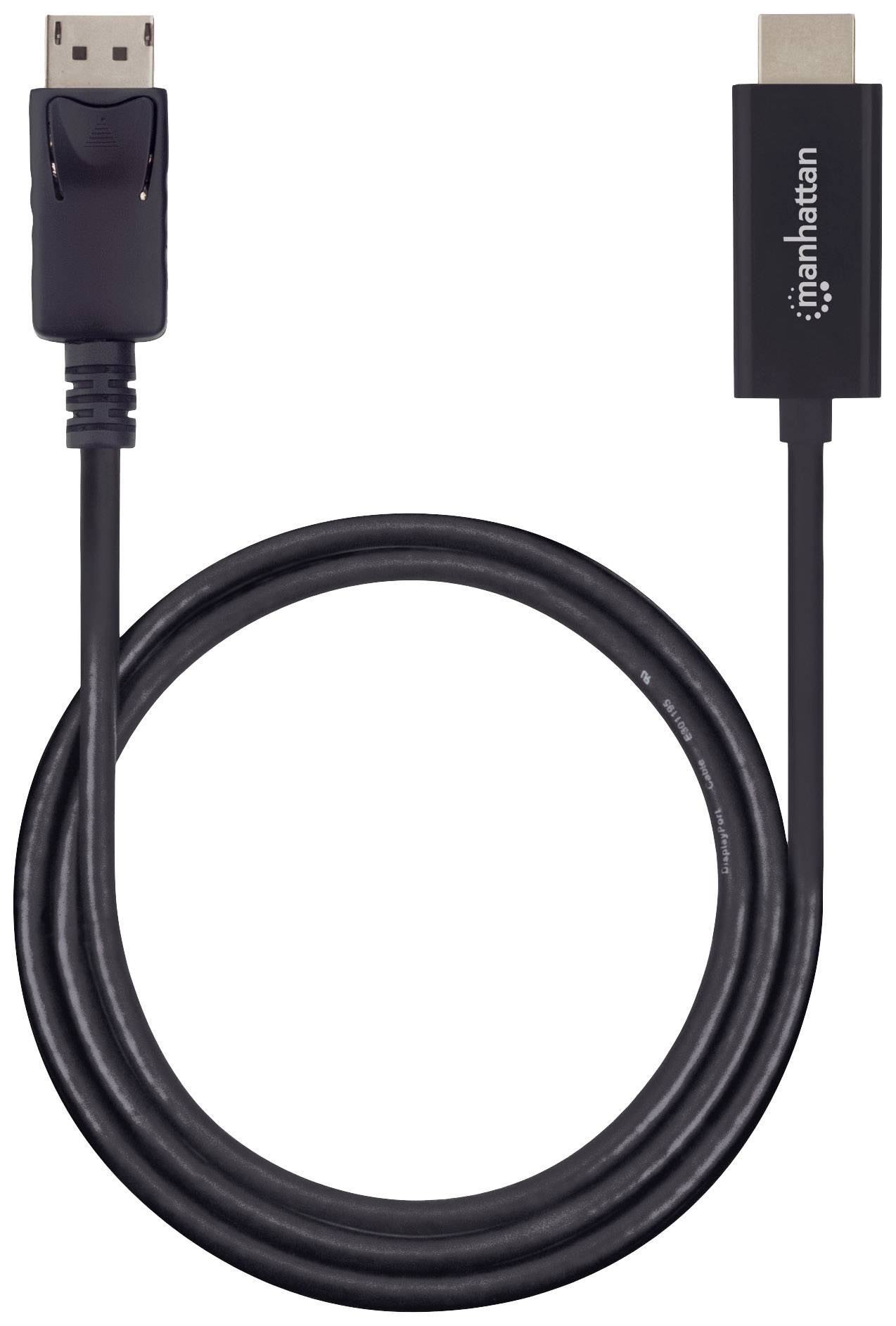 Ein schwarzes HDMI-Kabel mit einem DisplayPort-Stecker an einem Ende und einem HDMI-Stecker am anderen Ende, geeignet für Audio- und Videoverbindungen.