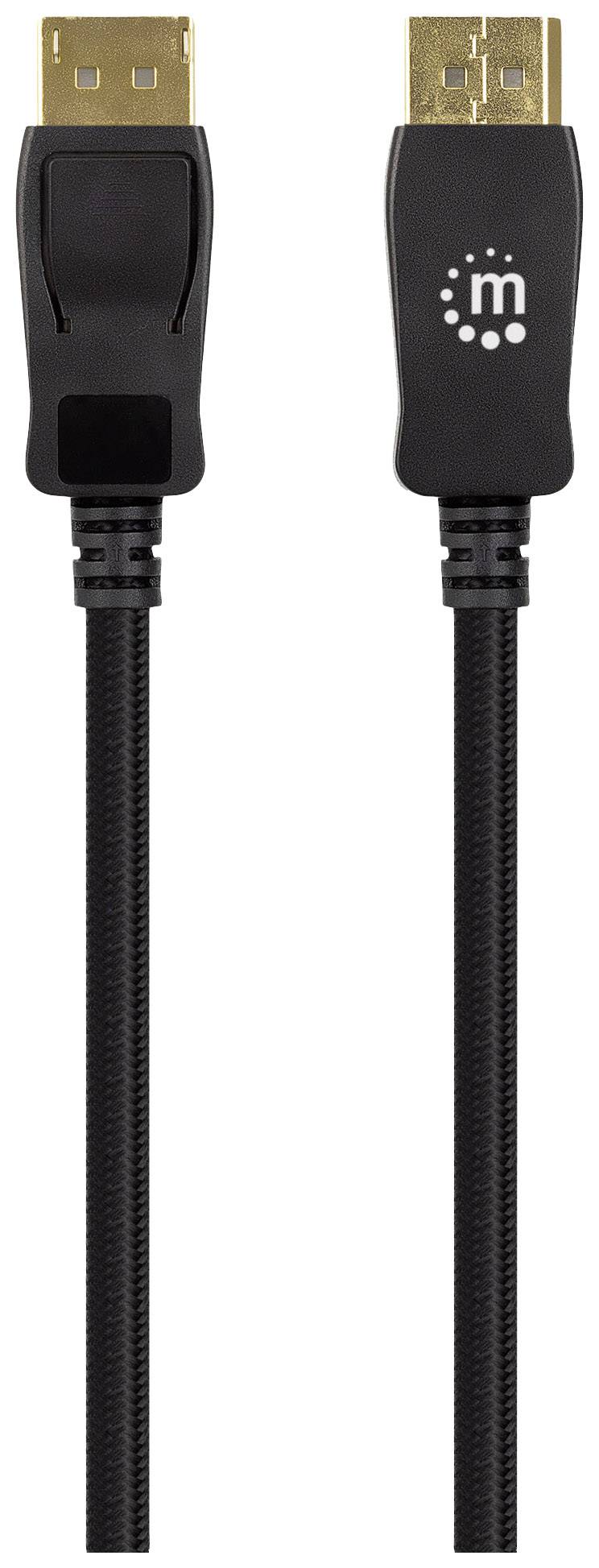 Ein schwarzes DisplayPort-Kabel mit goldenen Steckern an beiden Enden, geeignet für Audio- und Videosignale.