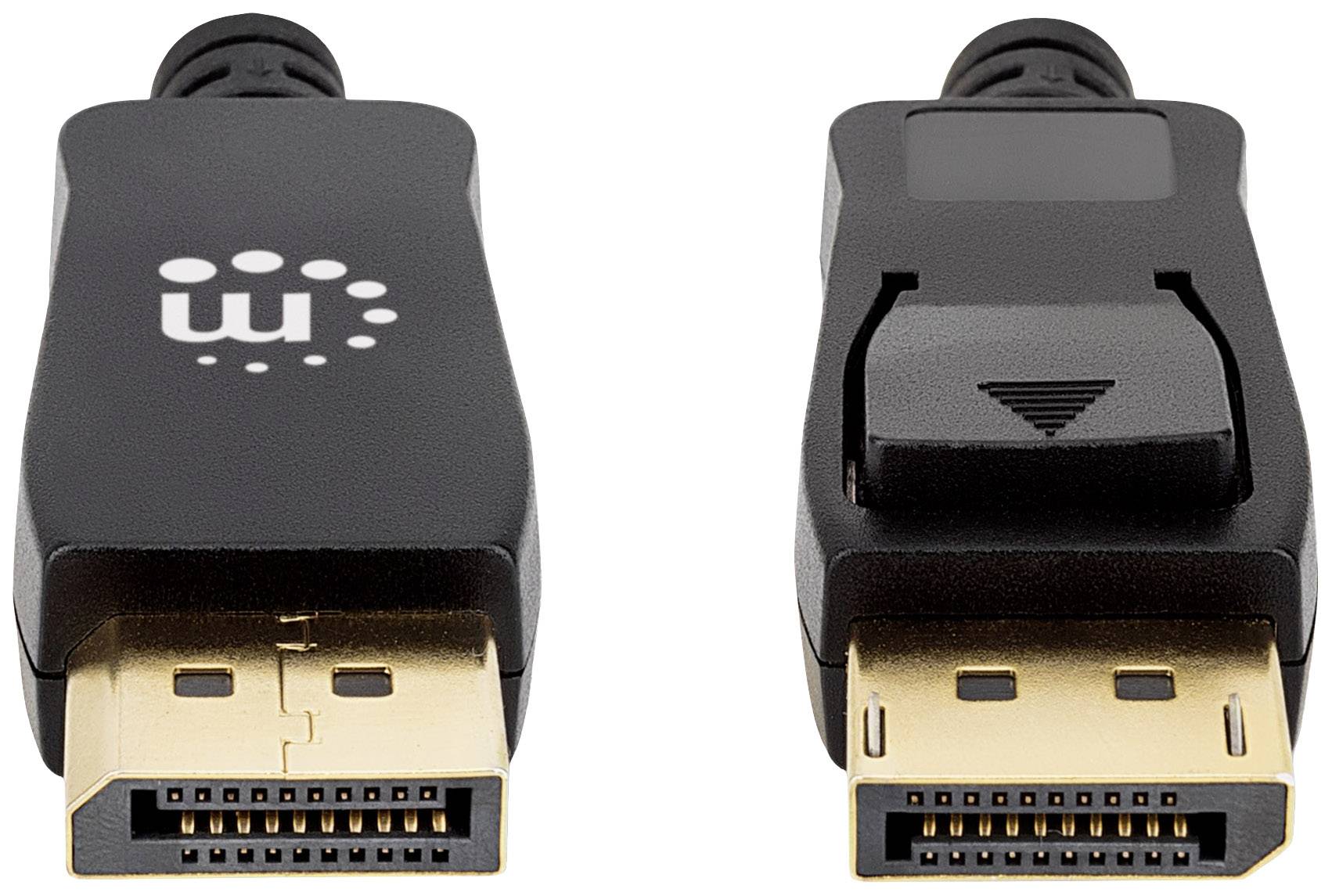 DisplayPort-Kabel: linke Seite mit Logo, rechte Seite mit Verriegelungsmechanismus. Beide Anschlüsse zeigen goldene Kontakte.