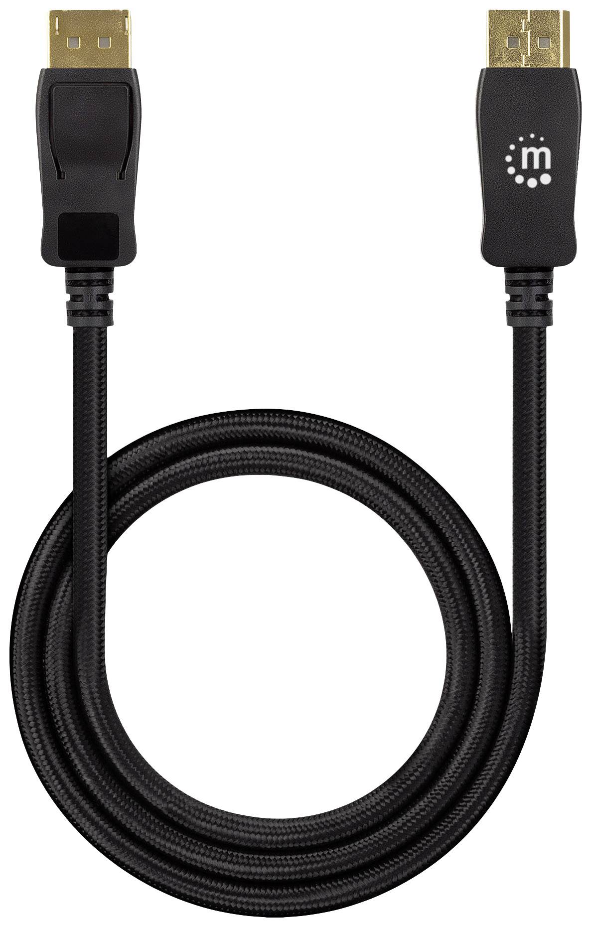 Schwarzes HDMI-Kabel mit einem DisplayPort-Anschluss auf der einen und einem HDMI-Stecker auf der anderen Seite.