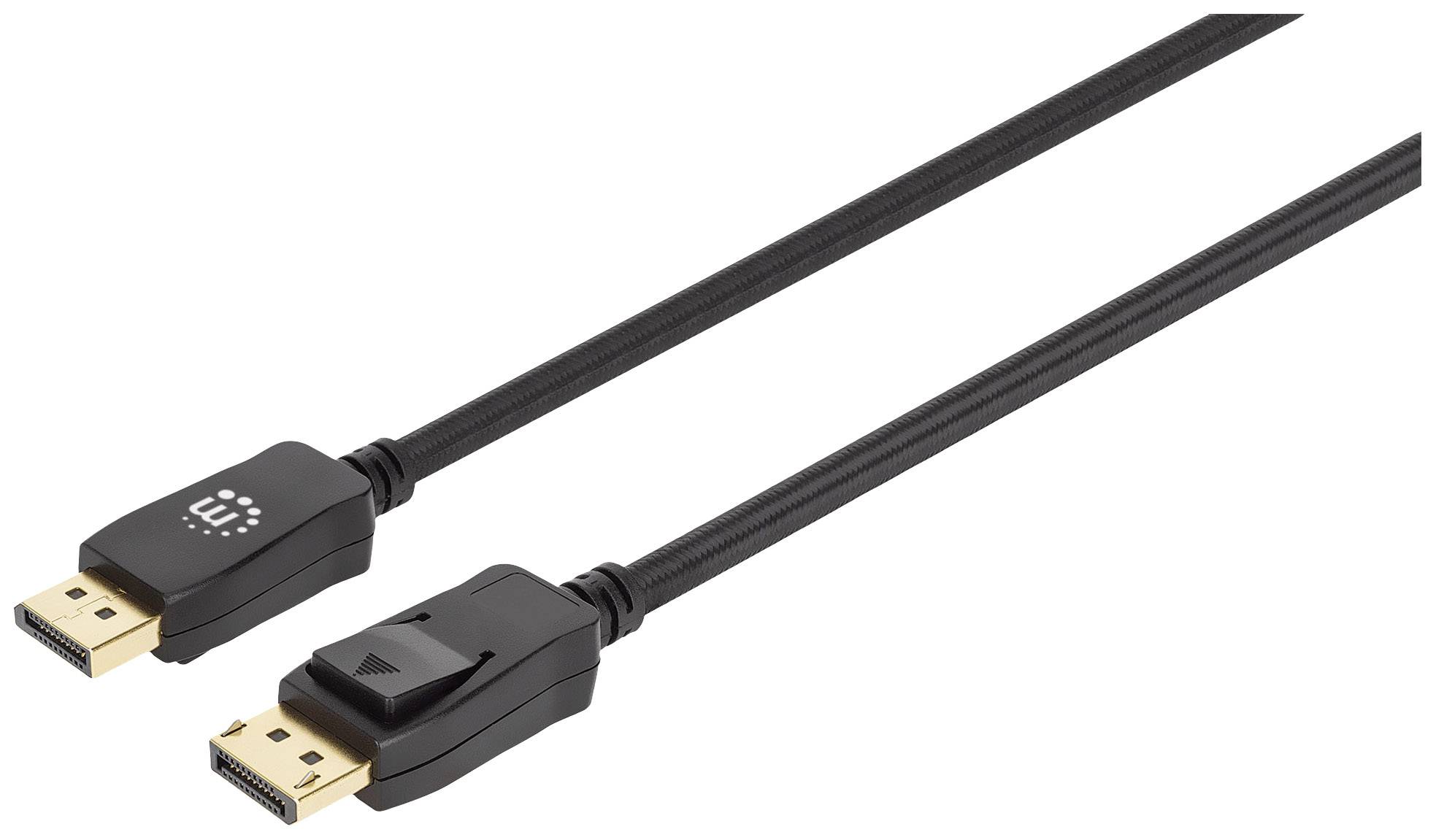 Zwei schwarze DisplayPort-Kabel mit jeweils einem Stecker an den Enden, geeignet für die Verbindung von Monitoren mit Computern.