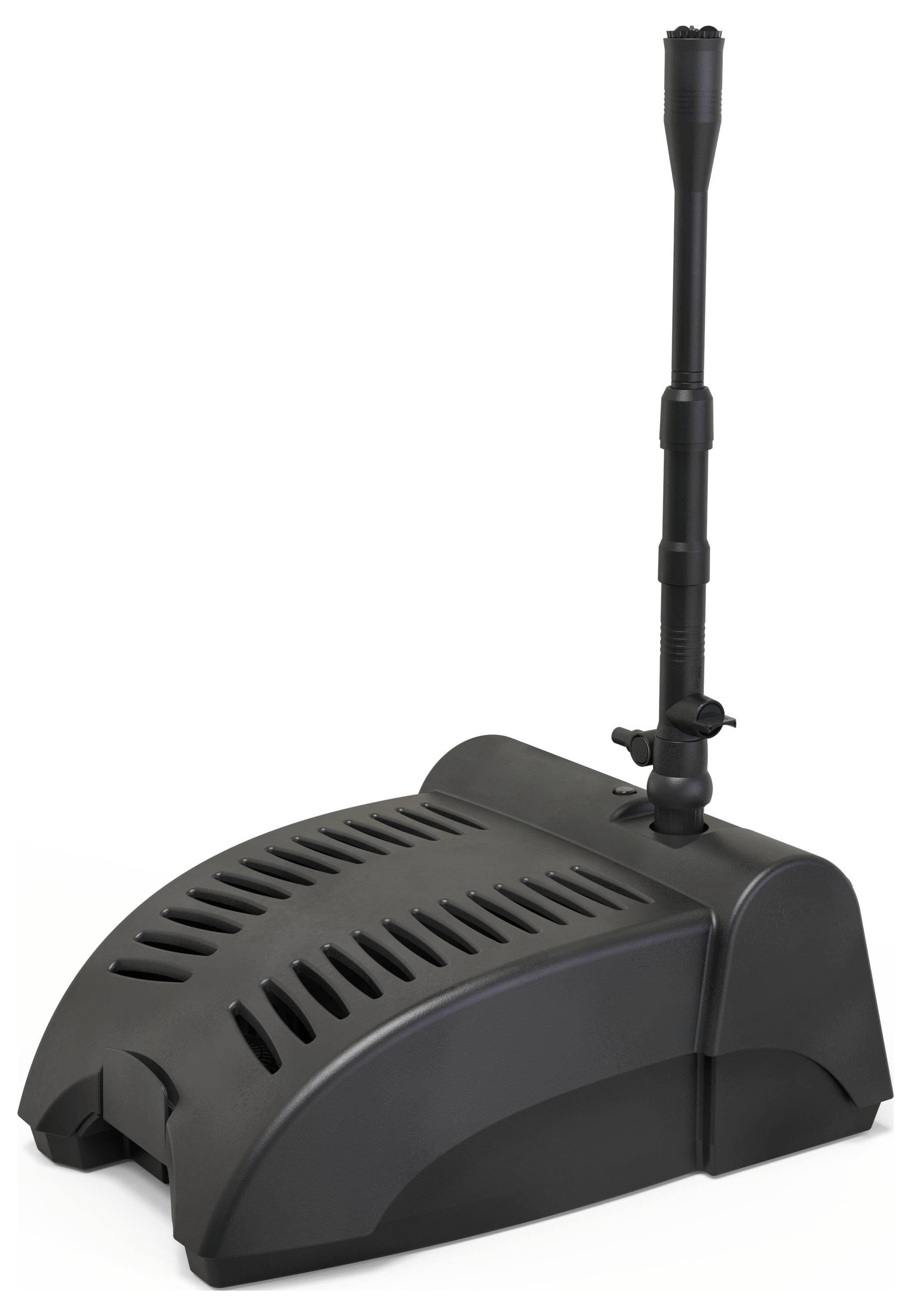 Schwarze Wasserfontänenpumpe mit vertikalem Auslassrohr, geeignet für Teiche oder Wassergärten.