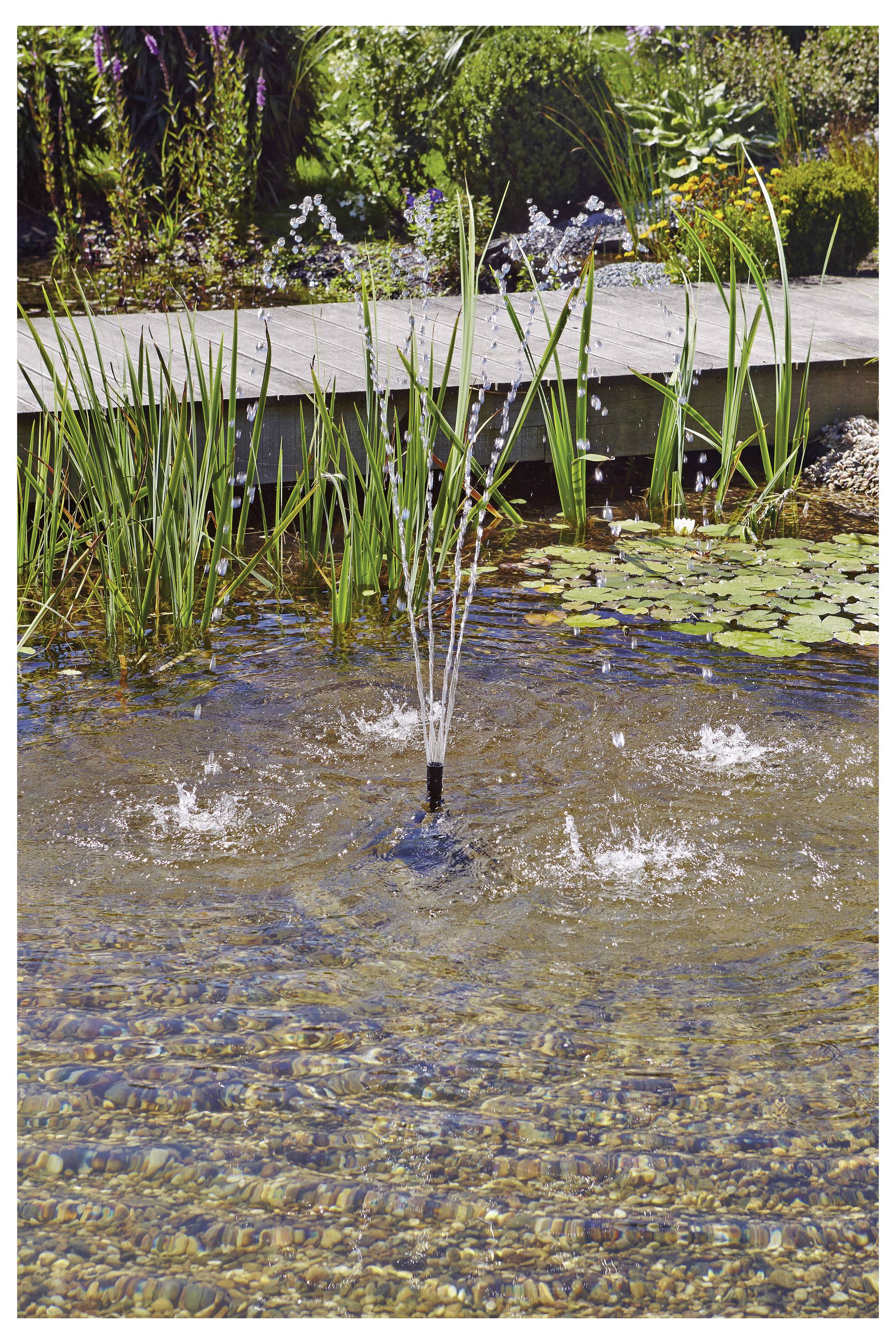 Ein kleiner Wasserbrunnen spritzt senkrecht aus einem Teich, umgeben von Wasserpflanzen und Seerosenblättern, vor einer üppigen Gartenkulisse.